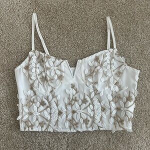 Elegant White and Tan Embroidered Women's Crop Top Size Small